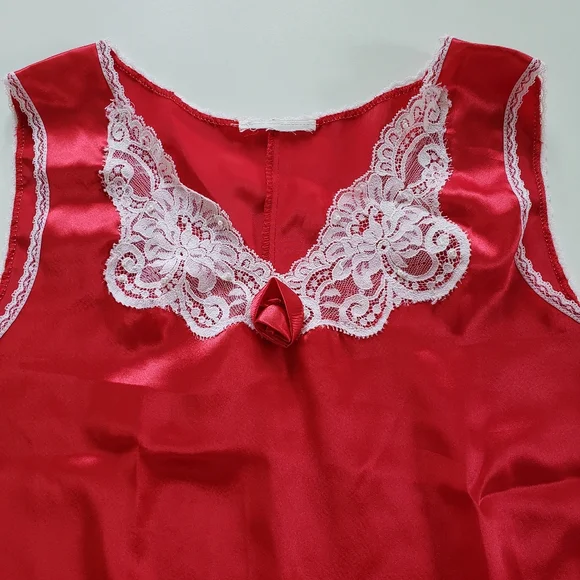 Vintage Red Satin Slip Dress Nightie Lace Rosette Beads Romantic Dark Coquette - Picture 7 of 12